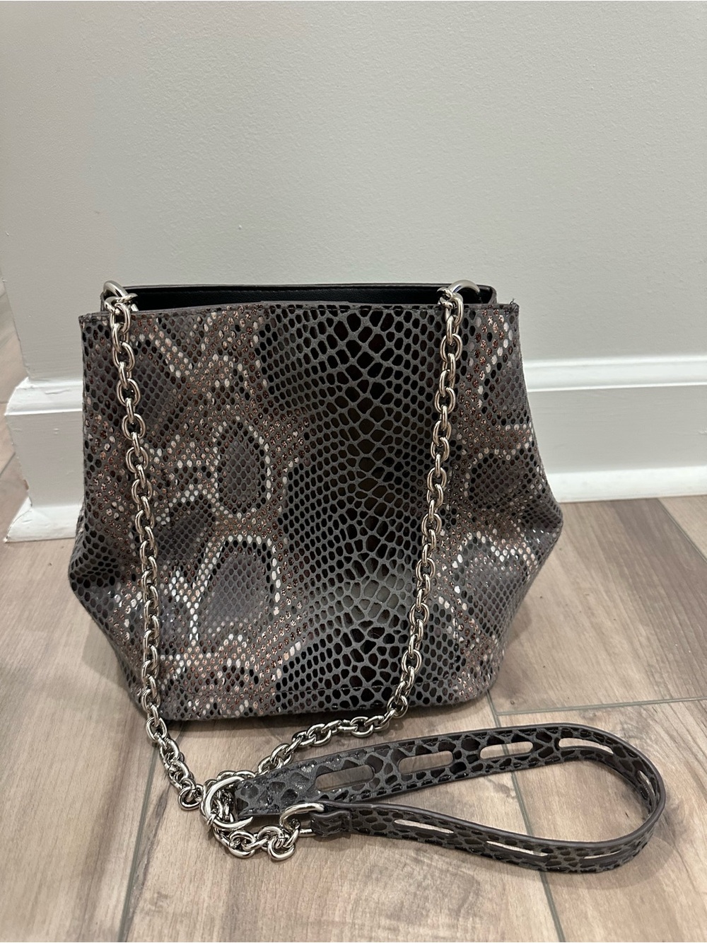 Sondra Roberts Square Snake Print Crossbody Purse with Silver Chain